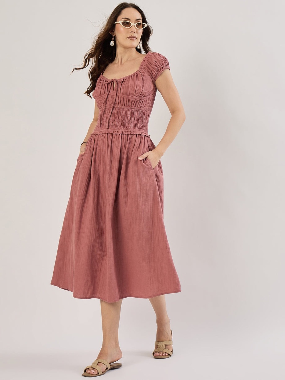 Smocked Puff-Sleeve Midi Dress in Rose